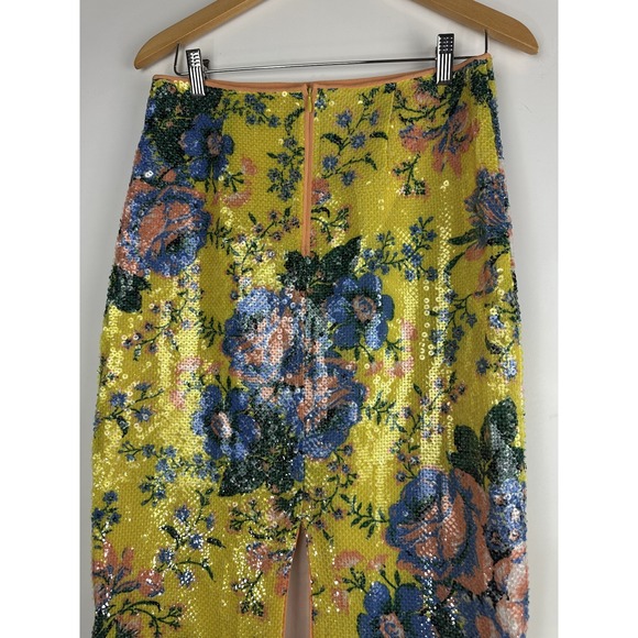 Diane Von Furstenberg Sequin Pencil Skirt Yellow Floral Embellished Size 8 DVF - Picture 9 of 11
